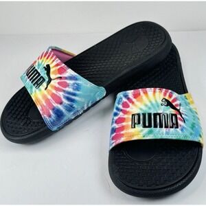Puma Tie-Dye Slide Sandals Black Rainbow Slip-On Comfort Pool Slides Size 6